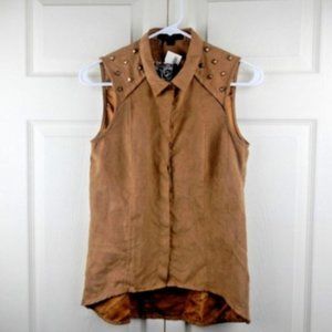 OVI Women's Brown Sleeveless Faux Leather Shirt Size S with Embellishment (SL27)